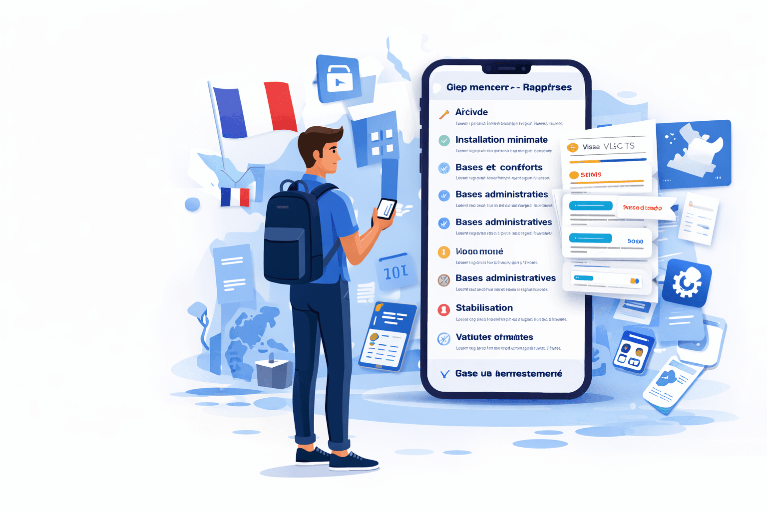 Étudiant avec téléphone et éléments autour